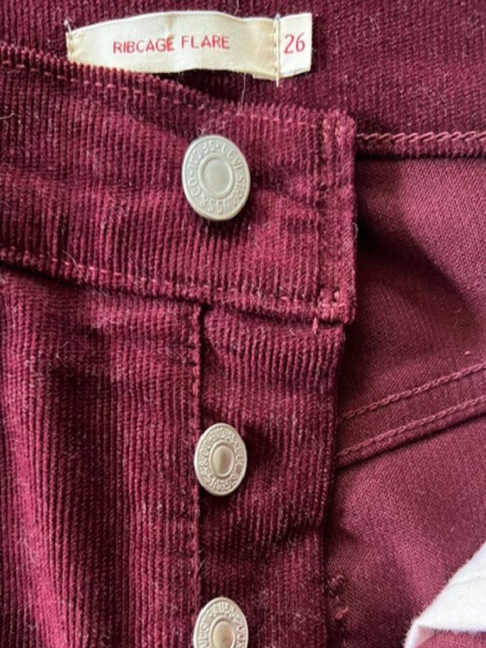 Levi's Corduroy Ribcage Flare Burgundy Five Pocket Pants Woman's W26-L32 - Picture 7 of 13
